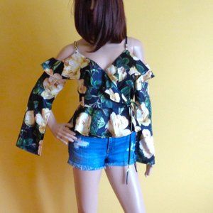 Blush Boutiques ruffled cold shoulder spaghetti strap wrap top long sleeve